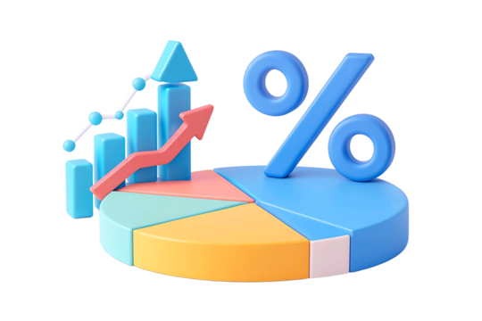 3d financial growth chart with pie chart and percentage symbol isolated on transparent background