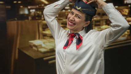 Woman flight attendant wearing uniform makes heart gesture with hands above head in airport...