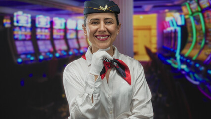 Woman resting chin on gloved hand beside colorful slot machine in building; cheerful...