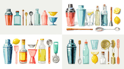 Watercolor bar tools collection with shakers, strainers, jiggers, spoons, glasses, and citrus. Elegant mixology kit for cocktail menus, recipes, bar branding, and hospitality design.