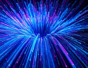 Obraz premium Blue neon optical fibers or an explosion of light particles, radiating light filaments. Technology or telecommunications background