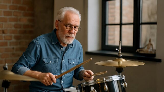 Elderly man playing drums in a warmly lit indoor space, wearing glasses and a denim shirt.