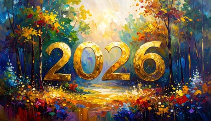 Fototapeta na wymiar Napis 2026 na obrazie olejnym. Tło noworoczne
