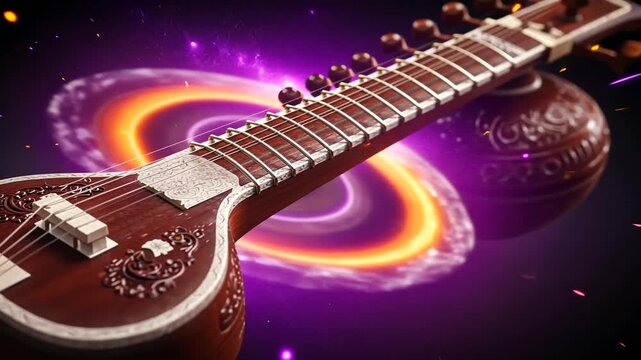 Close-up of a traditional instrument with cosmic backdrop