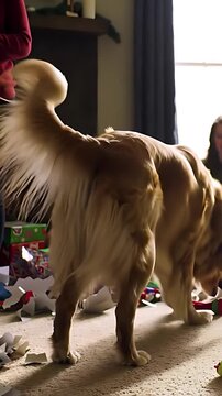 Joyful chaos as a dogs tail wags furiously, excitedly investigating a new Christmas morning toy with boundless energy.