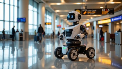 A robot navigating through an airport terminal with travelers in the background.