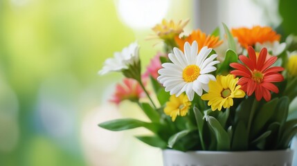 Bright and cheerful bouquet of daisies and other flowers arranged in a vase on a sunny day