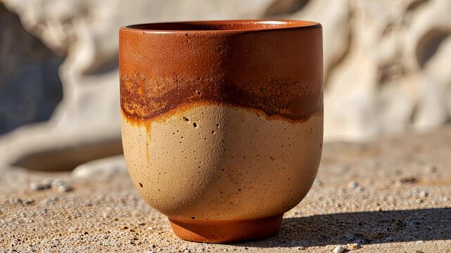 Rustic Handmade Ceramic Mug with Earthy Tones and Texture in Natural Outdoor Setting on Sunlit Stone Surface