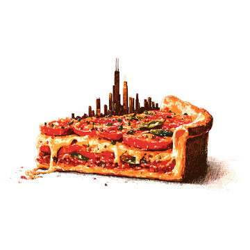 Chicago Deep Dish Pizza Slice with City Skyline Illustration