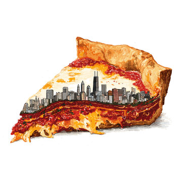 Chicago Deep Dish Pizza Slice with City Skyline Illustration