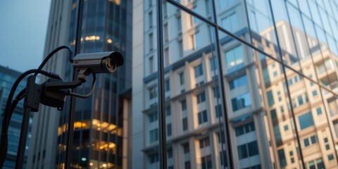 Surveillance camera mounted on a modern building reflecting urban architecture.