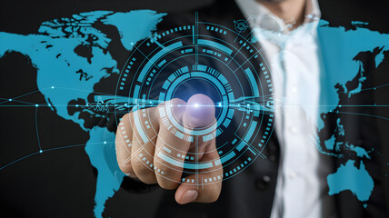 Global business connection, modern technology. Businessman touching digital interface with world map and glowing circle