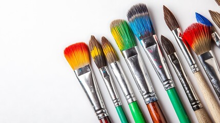 Fototapeta premium Assortment of paintbrushes with vibrant colorful paint on the bristles against a white backdrop