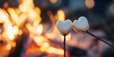 The heart-shaped marshmallows roasting over a cozy campfire at sunset.