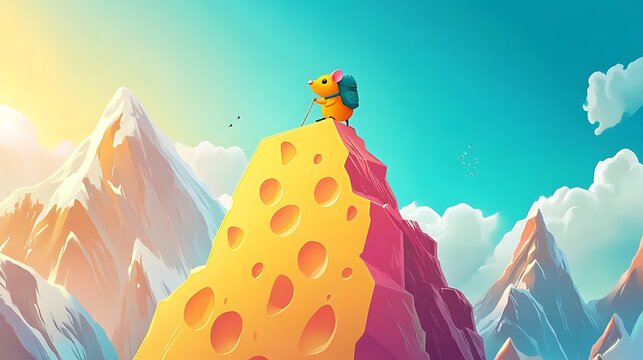 Mouse climbing cheese mountain illustration