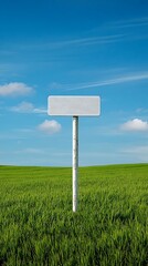 Blank sign in a green field under a sunny blue sky with clouds