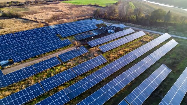 Aerial View of Extensive Blue Solar Panel Array Installed in Rows Across a Sunny Open Field for Clean Energy Production