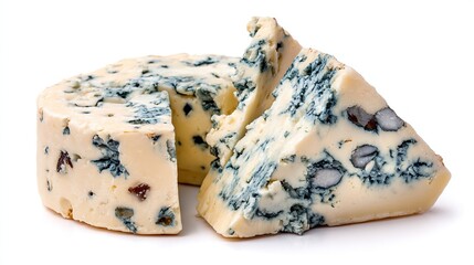 Round wheel of blue cheese, sliced