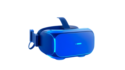 Isolated blue vr headset with glowing edges against a black background in studio shot style
