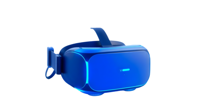 Isolated blue vr headset with glowing edges against a black background in studio shot style