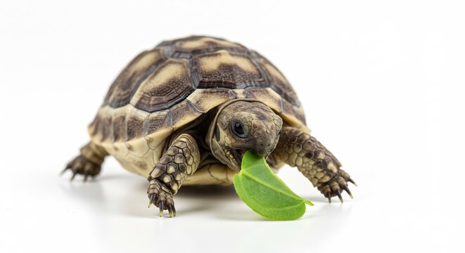 小さな亀が美味しそうに葉っぱを食べる瞬間 白い背景で明るく撮影. AI Generated