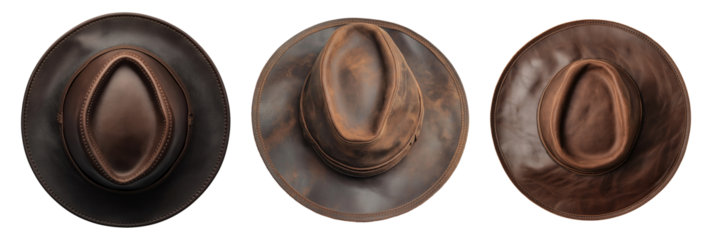 Classic brown leather cowboy hats isolated on a transparent background, top view