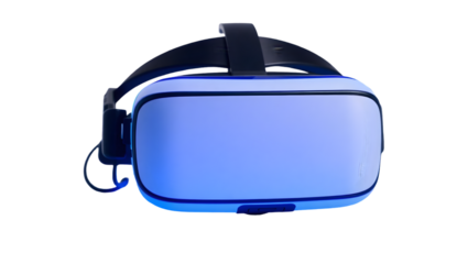 A close up shot of a virtual reality headset with a blue glow on a black background in a studio setting