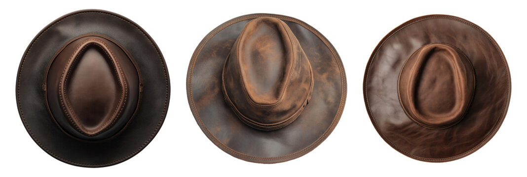 Classic brown leather cowboy hats isolated on a transparent background, top view - Powered by Adobe