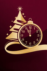 Fototapeta premium Stylized Christmas tree with clock on burgundy New Year background