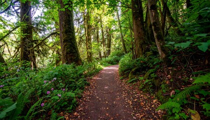 Fototapeta premium Lush forest path winding through greenery