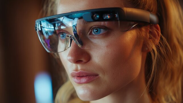 Woman experiencing immersive virtual reality technology, exploring future possibilities with augmented reality headset