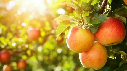 Fresh apples ripening on tree branches in sunlight during autumn harvest season