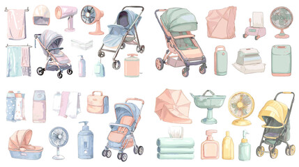 Watercolor illustration set of strollers, baby care products, fans, towels, and nursery items. Ideal for parenting, childcare, and newborn lifestyle designs.
