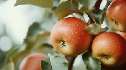 Fresh red apples hanging from a tree branch in a lush orchard during a sunny afternoon