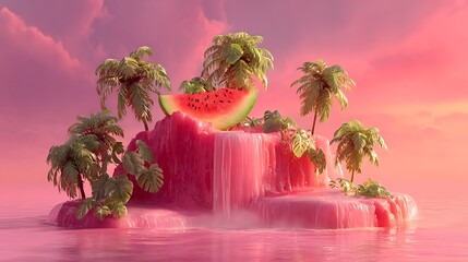 Surreal pink waterfall island with lush greenery and a giant slice of watermelon