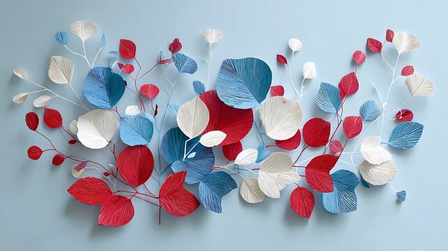 Abstract artistic representation of the united states map adorned with red white and blue festive decorations