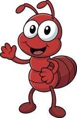 Cartoon ant mascot with happy face, cute red ant character waving hand, funny insect illustration for children, logo design, education, and nature concept