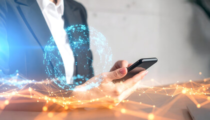 Professional Using Smartphone with Holographic Overlay and Flow
