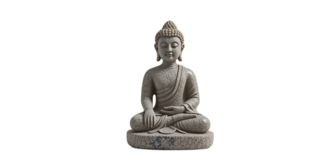 A stone Buddha statue with natural texture, centered on a transparent background