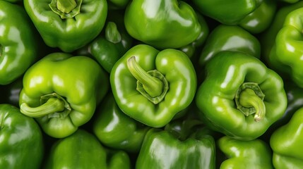 Fresh green bell peppers piled together in a vibrant display at a local market during peak harvest season