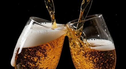Two glasses of golden beer clinking together in a toast, creating a splash with frothy foam and bubbles against a dark background