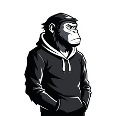 Unique vector illustration of ape silhouette in startup hoodie leaning on wall, modern business mascot design for branding and marketing.