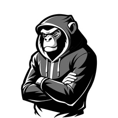 Obraz premium Unique vector illustration of ape silhouette in startup hoodie leaning on wall, modern business mascot design for branding and marketing.
