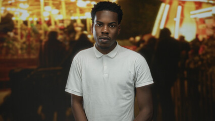 Fototapeta premium Man stands showing face and arms wearing white polo shirt on street fair at night; solitude reflection.