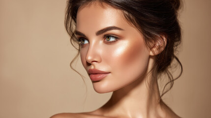 Naklejka premium Close up portrait of woman with glowing skin and soft features, showcasing natural beauty and elegance. warm background enhances her radiant complexion and highlights her striking eyes