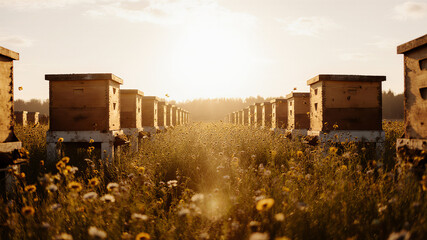 Row of modern wooden beehives in rural field during golden hour under clear summer sky