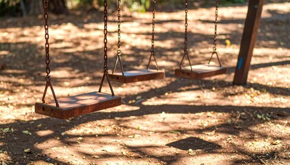 Three Empty Swings Hanging in a Park Under Sunlight