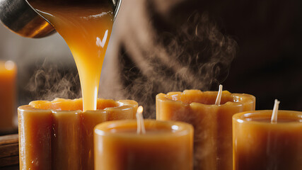 Beeswax candles being poured and shaped by hand in warm workshop lighting