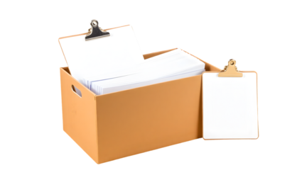 A box filled with paper and a clipboard next to it on a black background in a studio setting