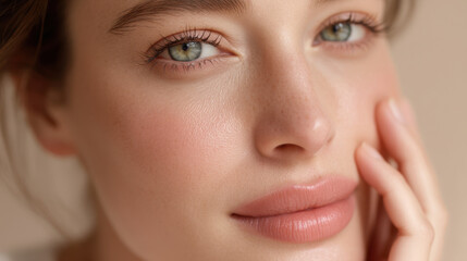 Fototapeta premium Close up portrait of young woman with clear skin, soft features, and natural makeup. Her expressive eyes and gentle smile convey sense of warmth and beauty